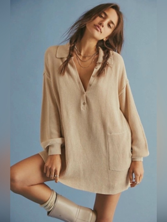 Free People Dresses & Skirts - Free People beach Beige Ribbed Knit Shirt Dress cotton linen women’s size M